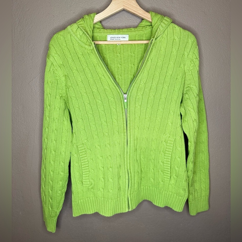 Jones New York Sport Woman Lime Green Cable Knit Zip Up Hooded Sweater Size 1X